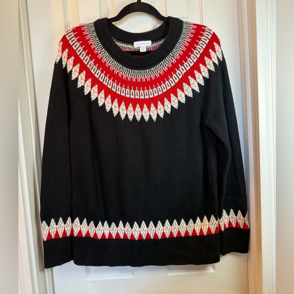 Cabincore Fair Isle Charter Club lds sweater cotton blend black chunky folk knit